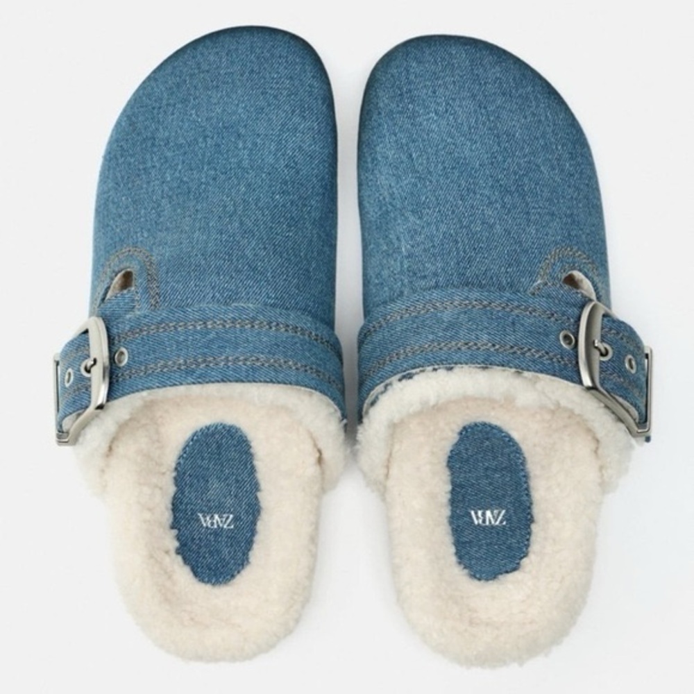 ZARA DENIM BLUE TEDDY CLOGS SZ US 10